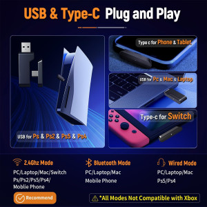 Ozeino 2.4GHz Wireless Gaming Headset - USB & Type-C, 40-Hr Battery