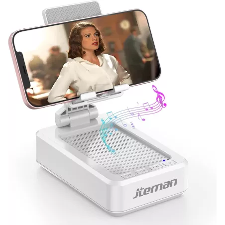Support de téléphone portable JTEMAN avec enceinte Bluetooth sans fil - Cadeau, support bureau blanc