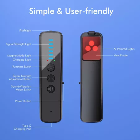 Détecteur Caméra Cachée Amélioré - Anti-Écoute IA, Traceur GPS & Scanner RF Portable Noir