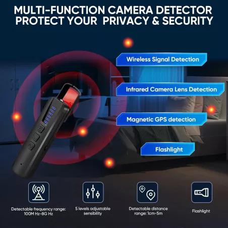 Détecteur de Caméra Cachée AI, Scanner Signal RF WiFi GPS Rechargeable 4 Modes (Noir)