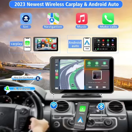 Ecran Portable 7 HD Tactile sans Fil avec Apple CarPlay, Android Auto, Bluetooth 5.2 et Caméra de Recul