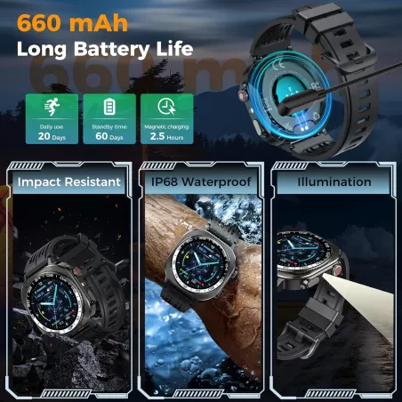 Montre Connectée 2025 AMOLED 1,43 Étanche IP68, 130+ Sports, Appels, Cardio, Sommeil, 60 Jours Autonomie