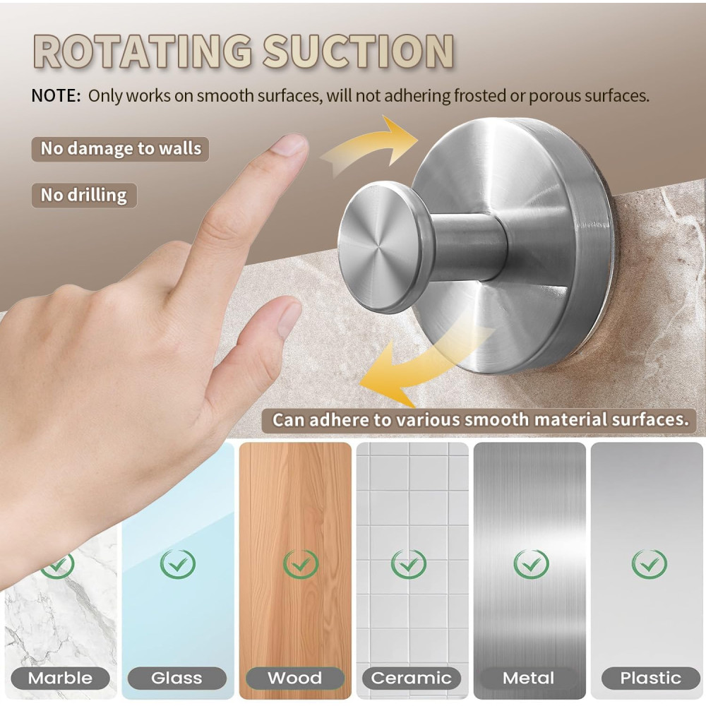 2025 Upgraded Drill-Free Stainless Steel Suction Cup Hooks - 4 Pack Black