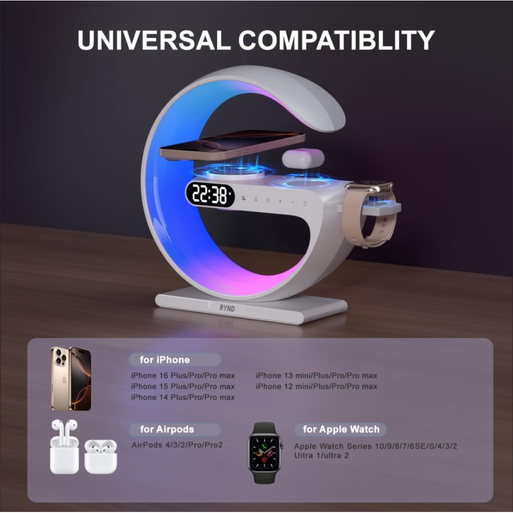 RYND 2025 5-in-1 Magnetic Speaker Alarm Clock with Wireless Charger