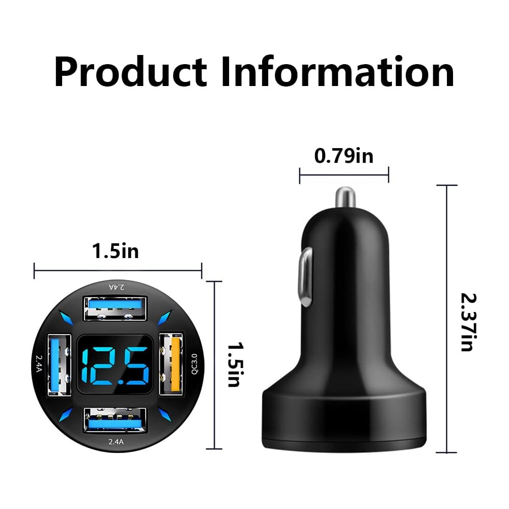 66W Fast USB Car Charger with Voltmeter & LED for iPhone & Samsung