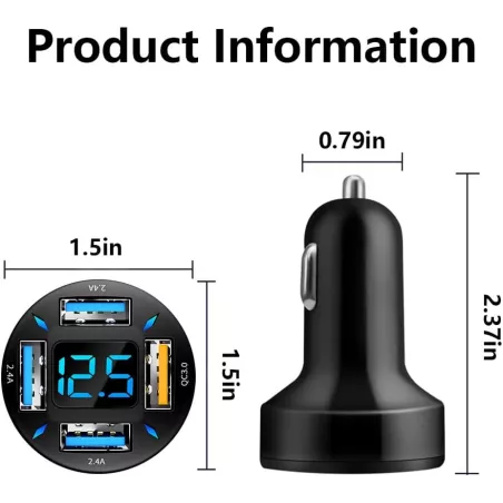 Chargeur Voiture USB 66W Rapide avec Voltmètre LED Compatible iPhone 14/13/12/11/S22/S21/S10/S9