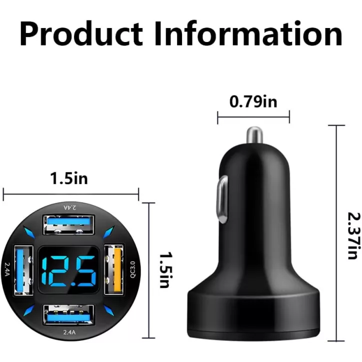Chargeur Voiture USB 66W Rapide avec Voltmètre LED Compatible iPhone 14/13/12/11/S22/S21/S10/S9