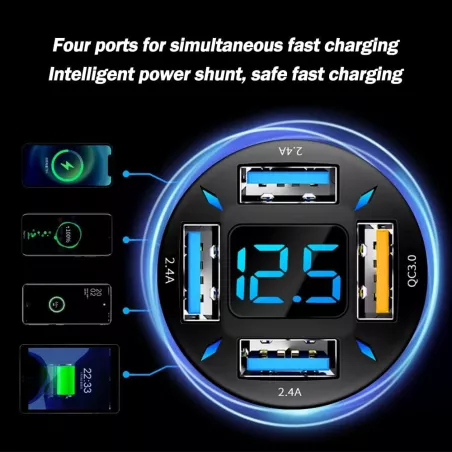 Chargeur Voiture 66W USB Rapide avec Voltmètre LED - iPhone & Samsung
