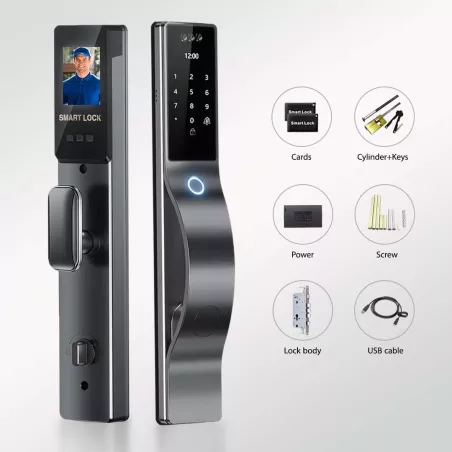 Serrure Intelligente 3D Reconnaissance Faciale HD, Entrée Sans Clé, WiFi, Auto-Verrouillage, App Wishome