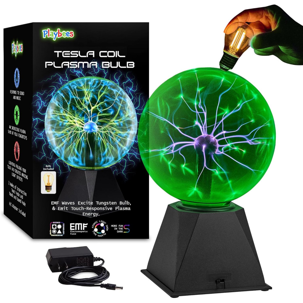 Playbees 7 Green Plasma Ball - Tesla Coil Lightning Globe for Parties & STEM
