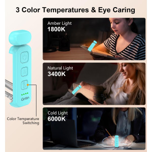 Gritin Rechargeable Reading Light - Eye-Caring, 3 Colors, Clip-On Blue