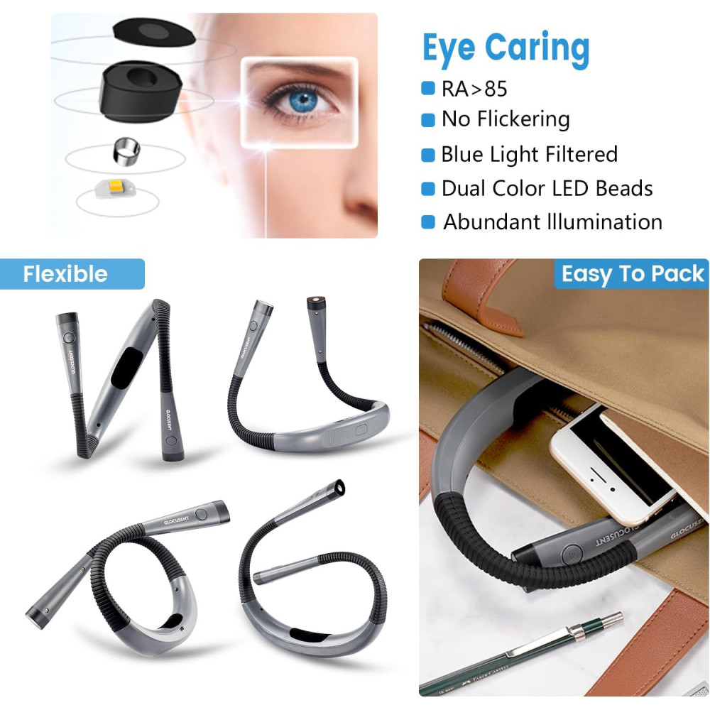 Glocusent Book Light - Rechargeable 3-Color, 6-Brightness Reading Lamp