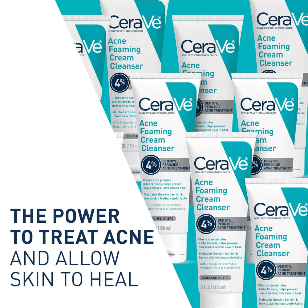 CeraVe Acne Foaming Cleanser 4% Benzoyl Peroxide | Gentle Daily Face Wash