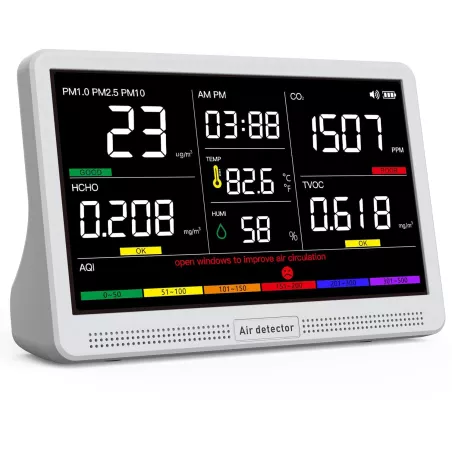Moniteur Qualité Air 16 en 1 - Écran 7, Alertes AQI, CO2, TVOC, PM2.5/PM1.0/PM10, Température & Humidité
