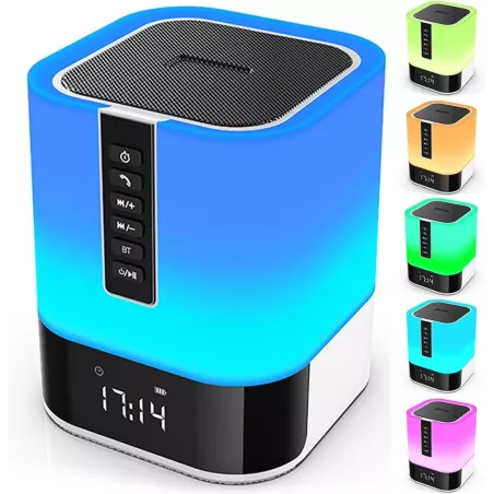Enceinte Bluetooth Lampe de Nuit 5 en 1, Toucher, Multicolore, Réveil, Cadeau Idéal 10-14 ans