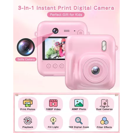 Appareil Photo Instantané Enfant 48MP Selfie 1080P avec Impression, Carte 32GB, Papier, Rose
