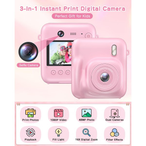 Kids Instant Print Camera 48MP Selfie Digital Toy for Ages 4-9 - Pink