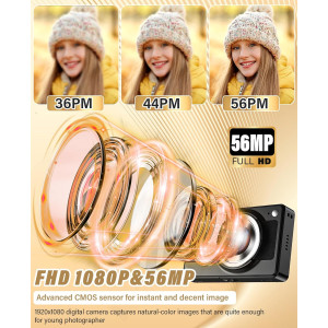 2025 Kids Digital Camera 56MP FHD 1080P 16x Zoom Anti-Shake Gift Black