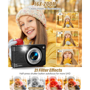 2025 Kids Digital Camera 56MP FHD 1080P 16x Zoom Anti-Shake Gift Black