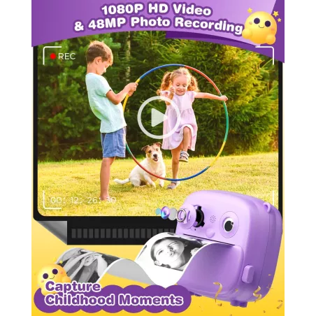 Appareil Photo Instantané Enfants - Cadeau Anniversaire Noël 3-12 Ans - Camera HD 1080P Violet avec Impression Photos