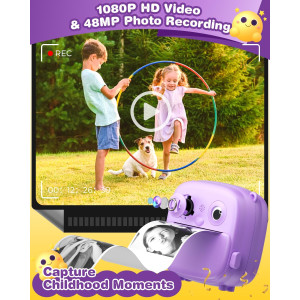 Kids Camera Instant Print - HD Video Digital Toy for Ages 3-12, Purple