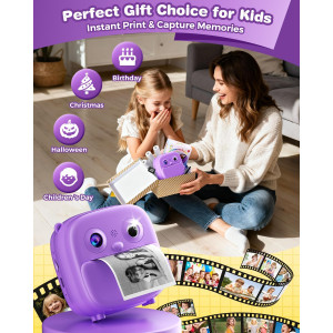 Kids Camera Instant Print - HD Video Digital Toy for Ages 3-12, Purple