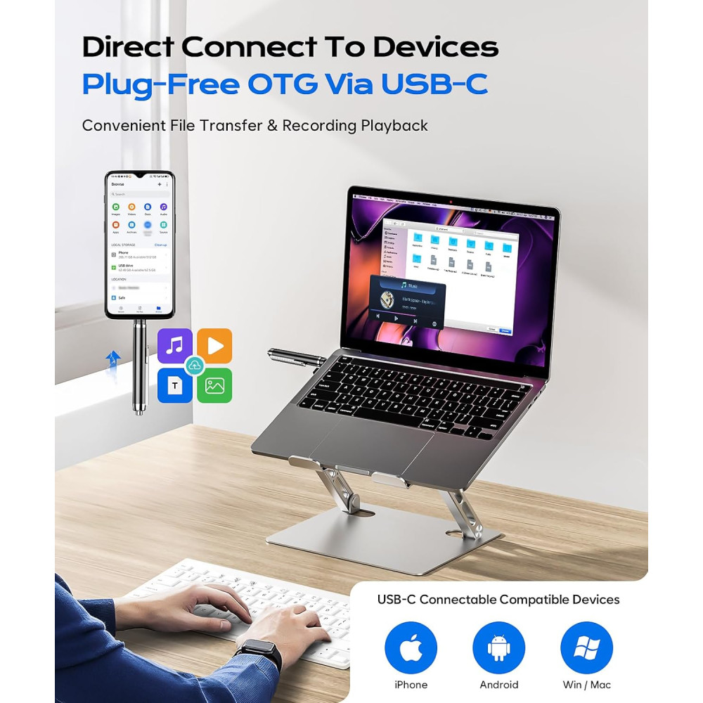 Enregistreur Vocal 64GB Type-C, Réduction Bruit IA, 90 Jours