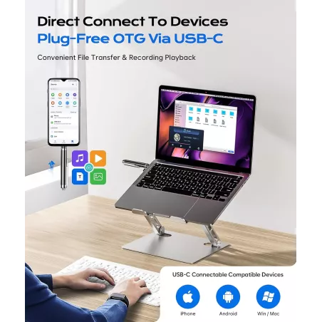 Enregistreur Vocal 64GB Type-C, Réduction Bruit IA, 90 Jours