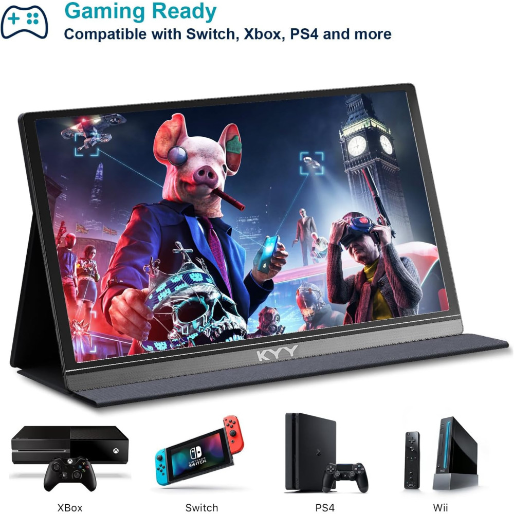 KYY 15.6 Portable 1080P FHD USB-C Gaming Monitor with Speakers & Cover