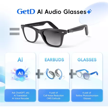 Lunettes Intelligentes GetD AI Unisexes – Traduction 145 Langues, Bluetooth, Verres Photochromiques, 11H Musique