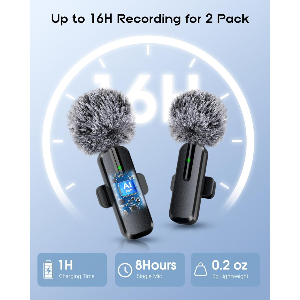 Wireless Mini Lavalier Microphone 2-Pack for iPhone & Android - Bluetooth Clip-On Mic