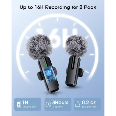 Microphone sans fil mini lavalier Bluetooth 2 en 1 pour iPhone, iPad, Android - 2 pièces, réduction de bruit