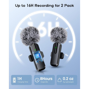 Microphone sans fil mini lavalier Bluetooth 2 en 1 pour iPhone, iPad, Android - 2 pièces, réduction de bruit
