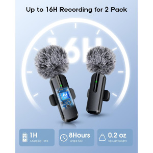 Wireless Mini Lavalier Microphone 2-Pack for iPhone & Android - Bluetooth Clip-On Mic