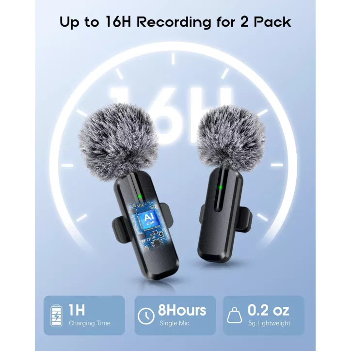 Microphone sans fil mini lavalier Bluetooth 2 en 1 pour iPhone, iPad, Android - 2 pièces, réduction de bruit