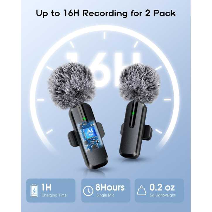 Microphone sans fil mini lavalier Bluetooth 2 en 1 pour iPhone, iPad, Android - 2 pièces, réduction de bruit