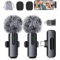 Microphone sans fil mini lavalier Bluetooth 2 en 1 pour iPhone, iPad, Android - 2 pièces, réduction de bruit