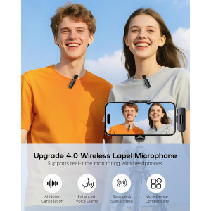 Wireless Mini Lavalier Microphone 2-Pack for iPhone & Android - Bluetooth Clip-On Mic