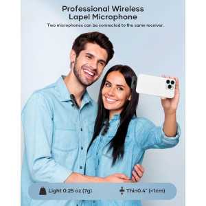 Microphone Lavalier Sans Fil 2-Pack pour iPhone, Android - Micro Mini Réduction de Bruit Plug & Play