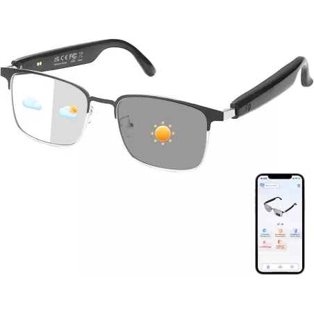 Lunettes Intelligentes AI, Traduction 160+ Langues, Photochromiques, Appels Audio/Video, Bluetooth Unisexe