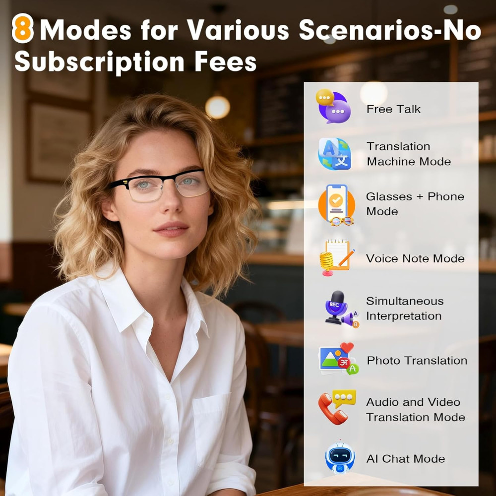 Lunettes Intelligentes AI - Traduction 164 Langues, Bluetooth