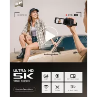 Caméra Vidéo 5K UHD 64MP Vlogging avec Écran Tactile Rotatif 3, Vision Nocturne IR, Zoom 16X, WiFi, 32GB, Microphone