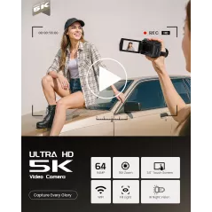 Caméra Vidéo 5K UHD 64MP Vlogging avec Écran Tactile Rotatif 3, Vision Nocturne IR, Zoom 16X, WiFi, 32GB, Microphone