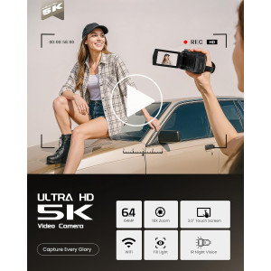 Caméra 5K UHD 64MP Vlogging avec Écran Tactile 270° & WiFi