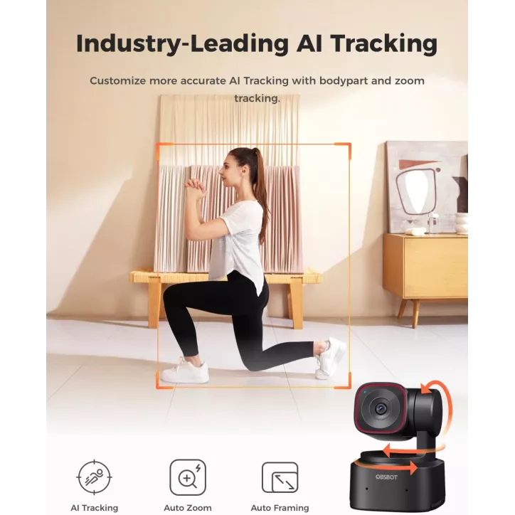 OBSBOT Tiny 2 Lite Webcam 4K AI Tracking PTZ, Contrôle Gestuel, HDR, 60 FPS, Microphones intégrés
