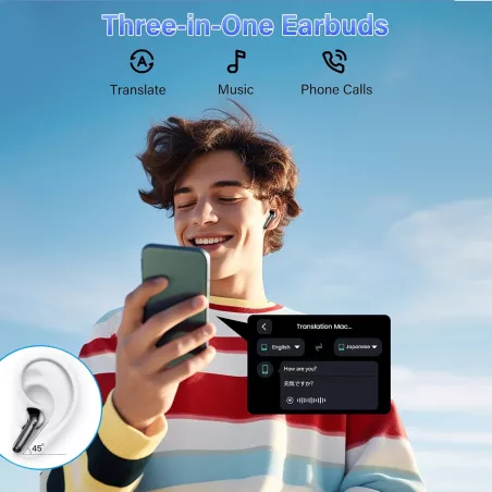 Écouteurs Traduction IA Temps Réel 164 Langues, App, Bluetooth 5.4, 48H Autonomie, 7 Modes, Appels Audio/Video
