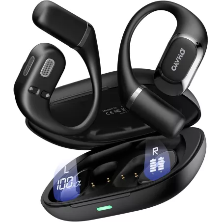 Casque Bluetooth 5.4 Open Ear avec Oreillette Ergonomique, Écran Digital, 40H, IPX6 - Noir
