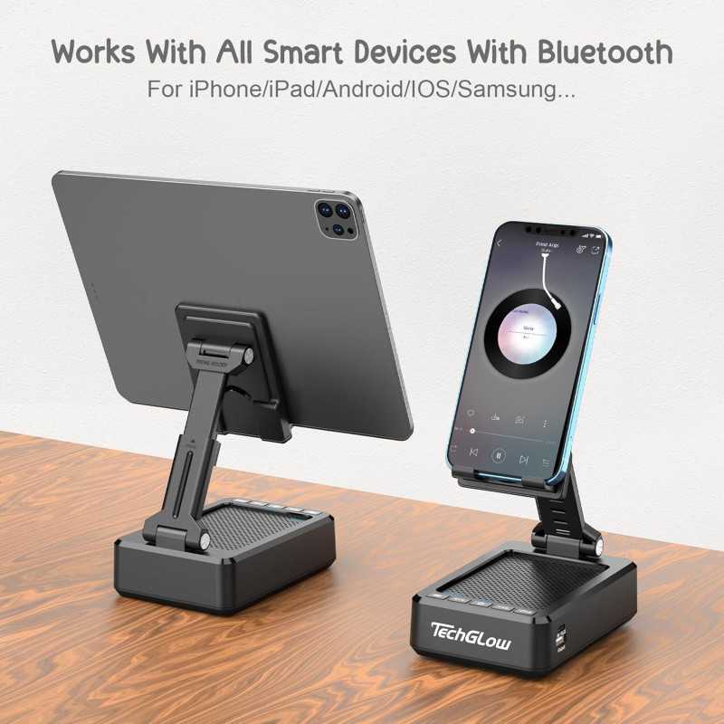 Support téléphone pliable TechGlow avec enceinte Bluetooth et power bank - Cadeaux high-tech pour tous