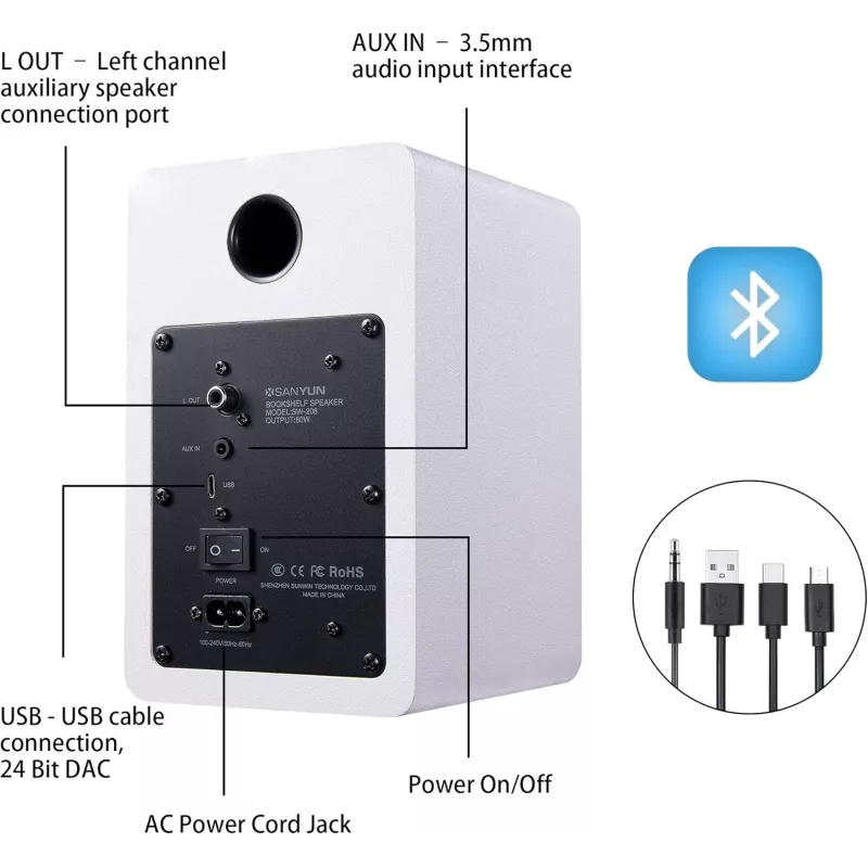 Sanyun SW208 Enceintes Bluetooth Actives 3 60W Blanc