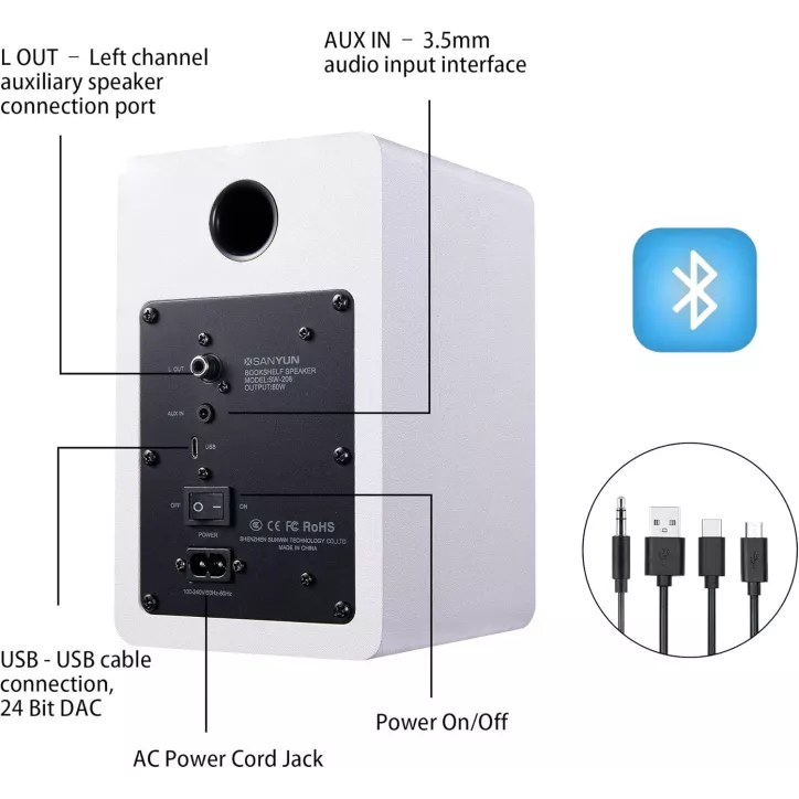 Enceintes Bibliothèque Actives Bluetooth 5.0 Sanyun SW208 3 60W DAC 24bit Son 3D Blanc (Paire)